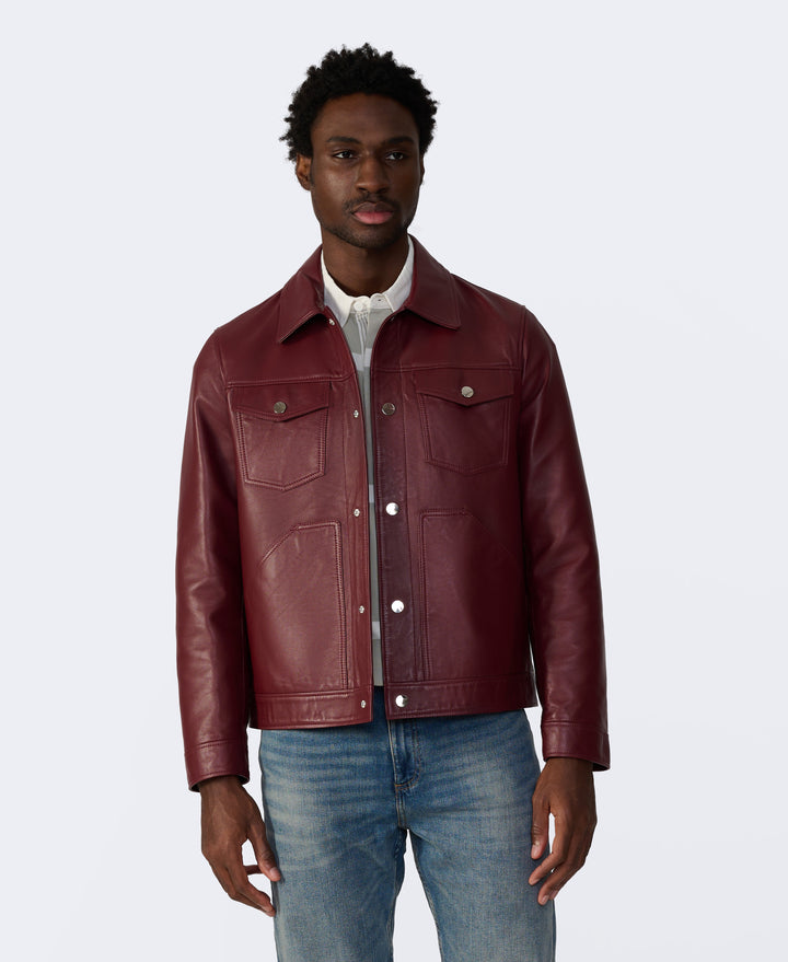 Burgundy leather trucker jacket