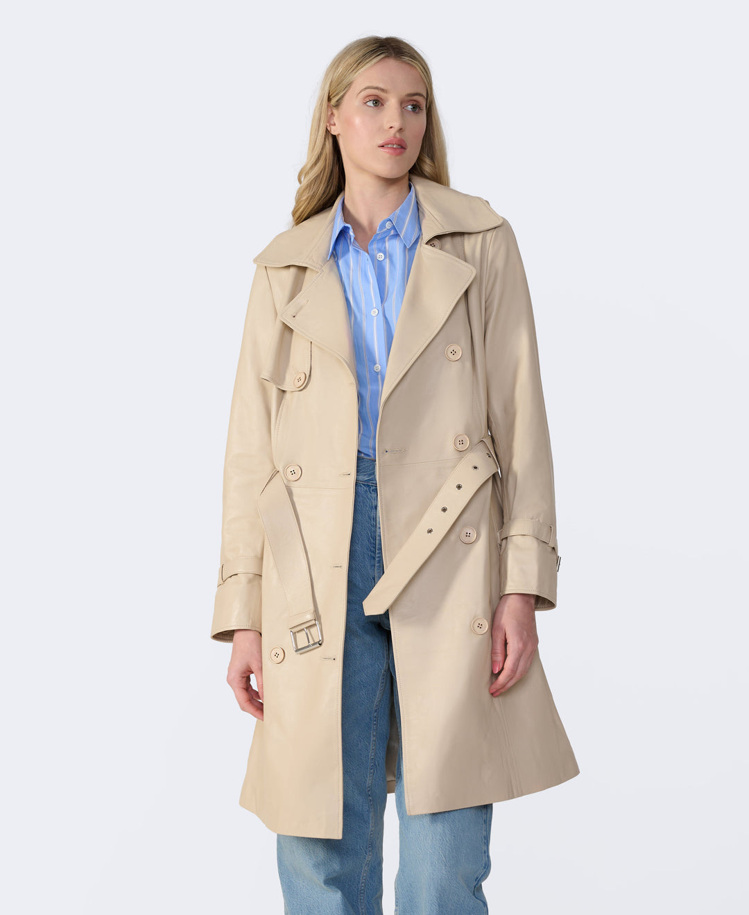 Beige leather trench coat on model