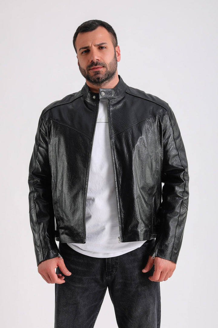 Man wearing black leather jacket