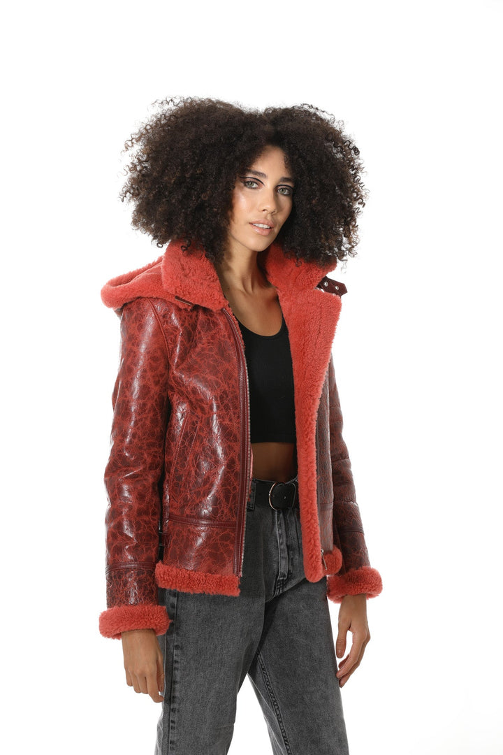 Red sheepskin shearling jacket on model