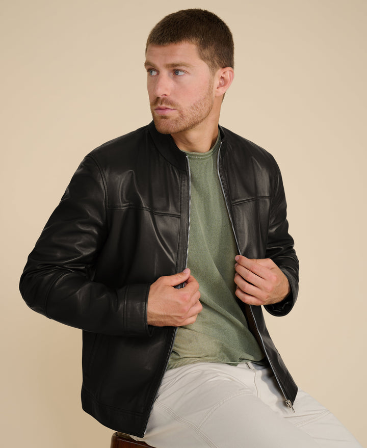 Black racer leather jacket on model