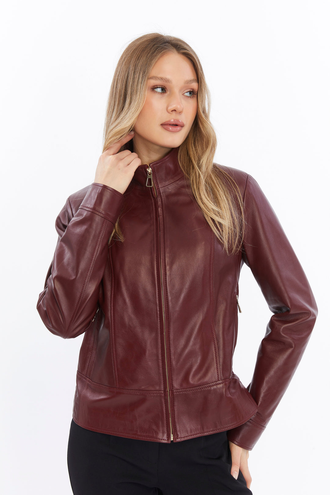 Burgundy leather jacket on model