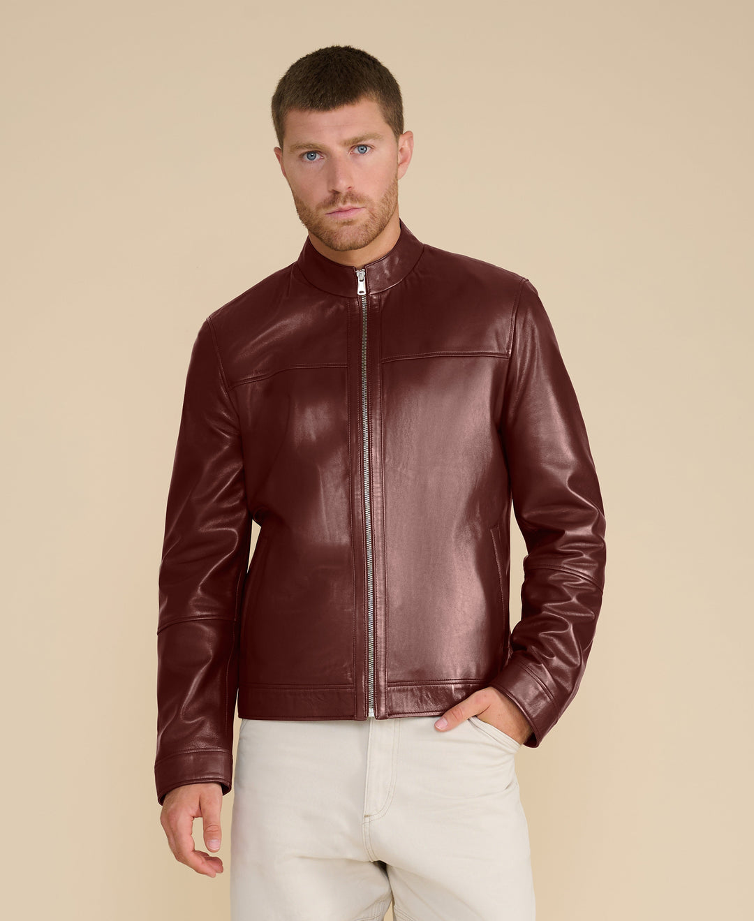 Burgundy leather racer jacket on model
