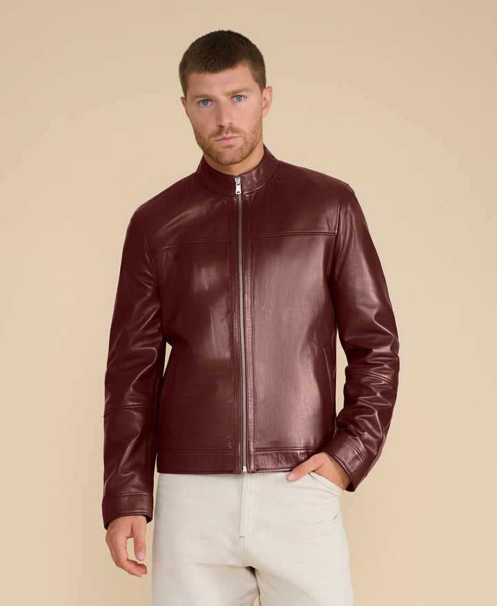 Burgundy leather racer jacket on model