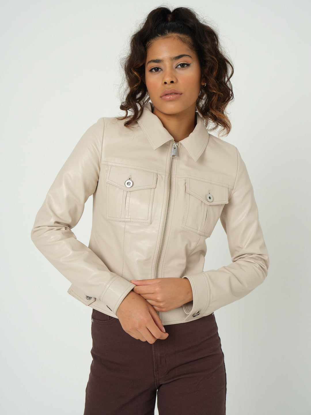 Beige leather zip-up jacket