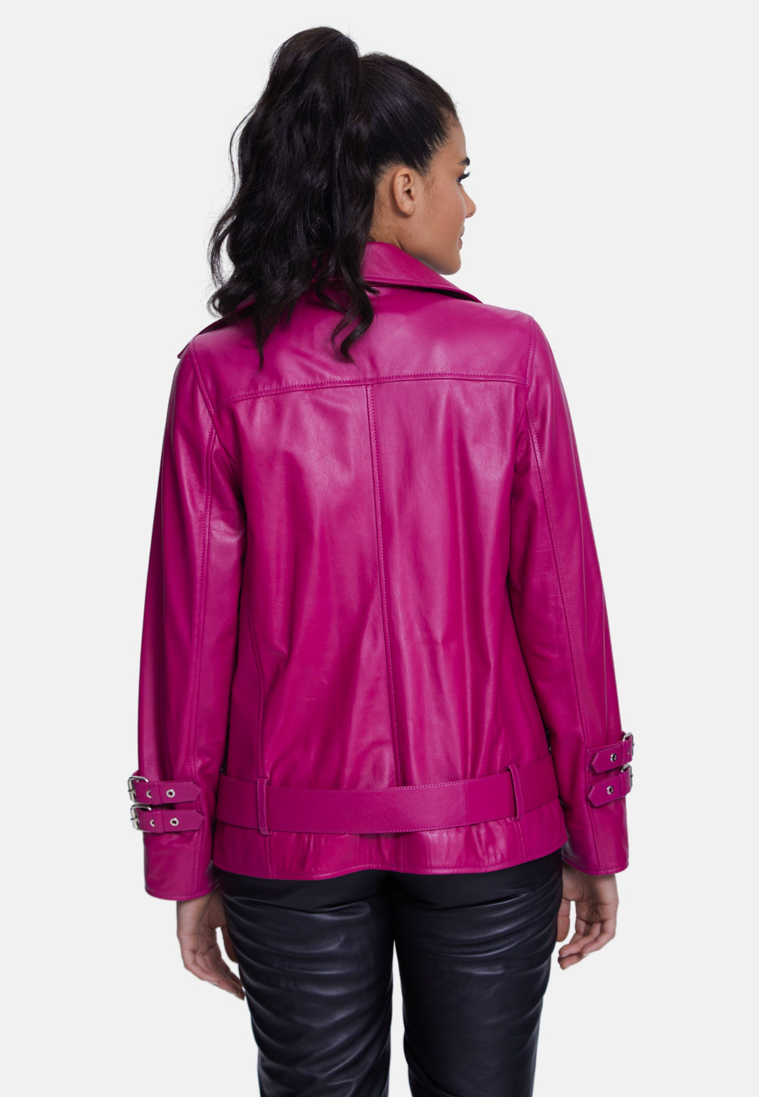 Woman wearing magenta leather jacket