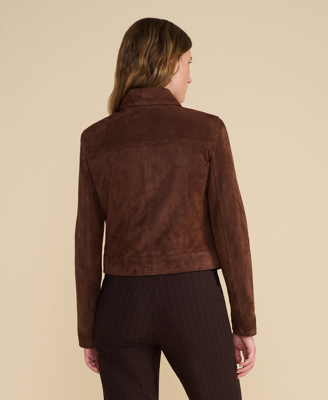 Brown suede jacket on model - back