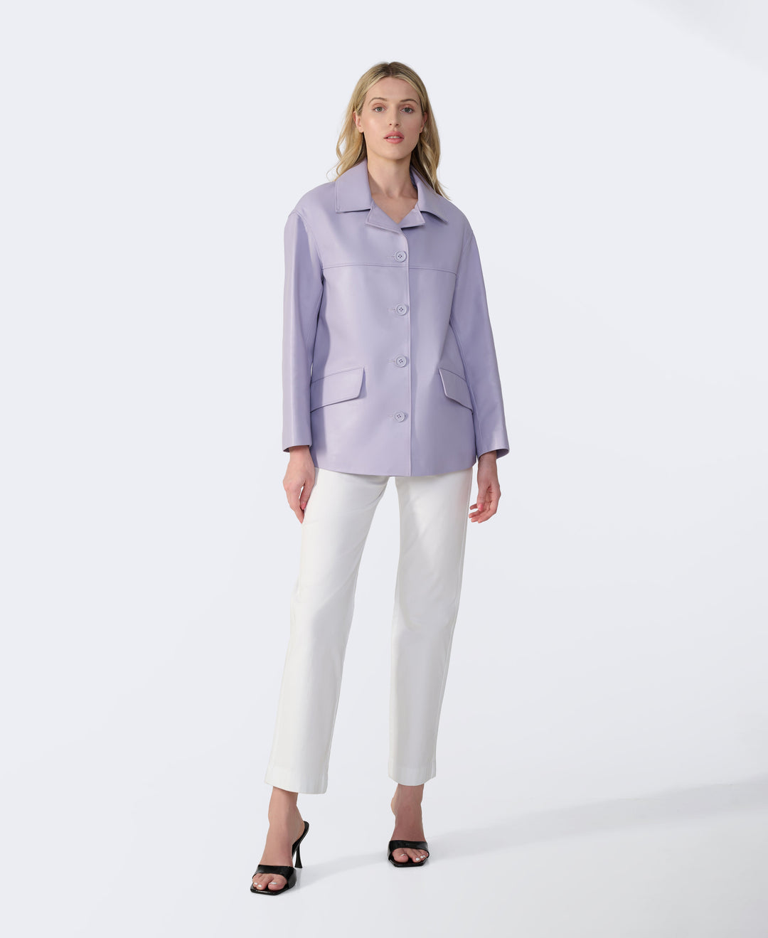 Woman wearing lilac leather jacket