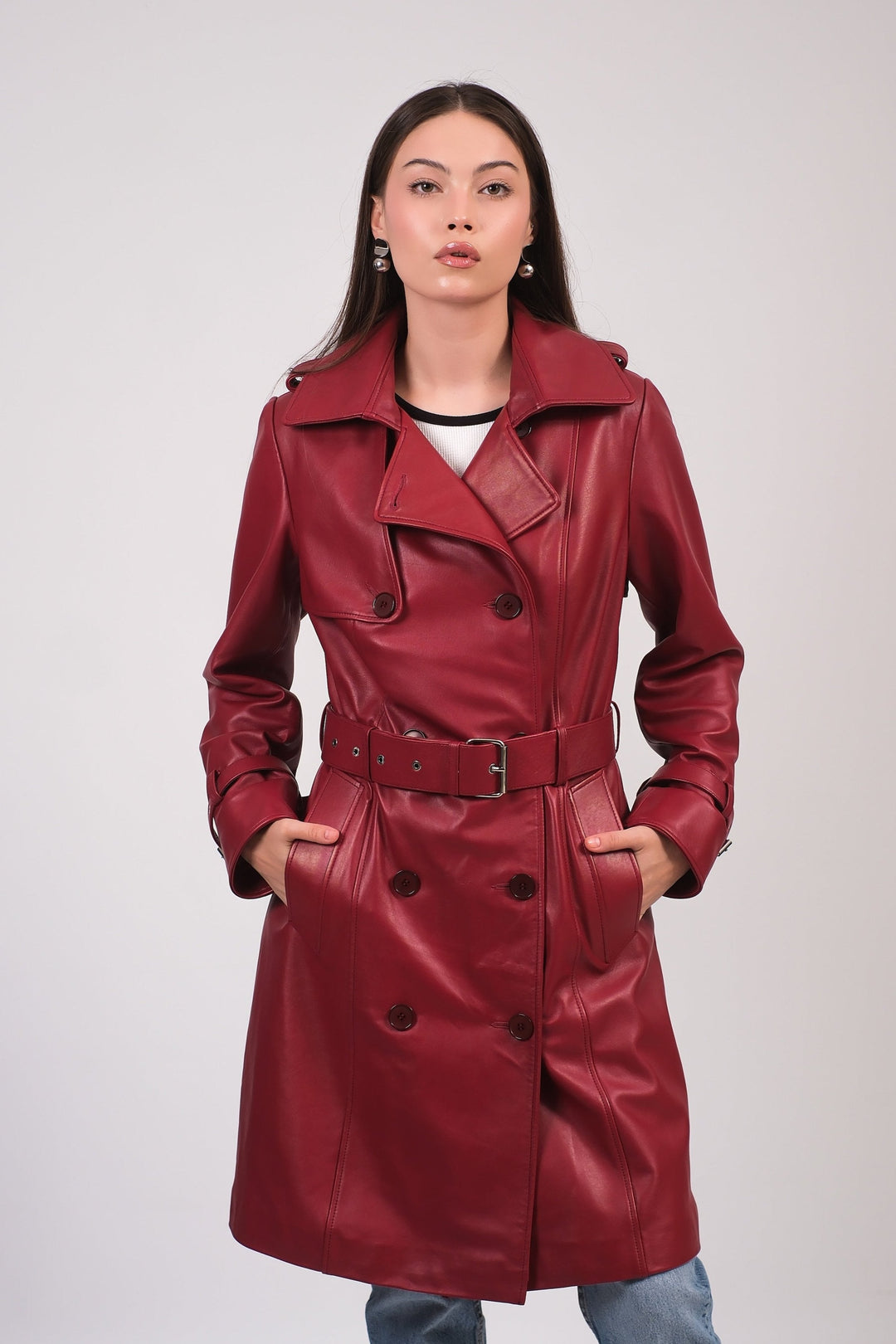 Burgundy leather trench coat on model