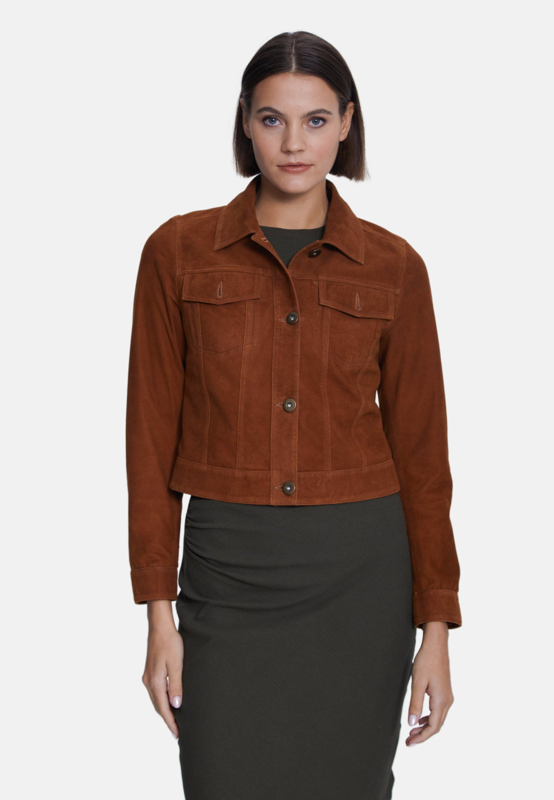 Brown suede cropped jacket on model