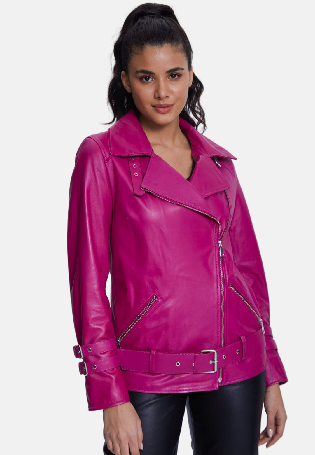 Woman wearing pink leather jacket