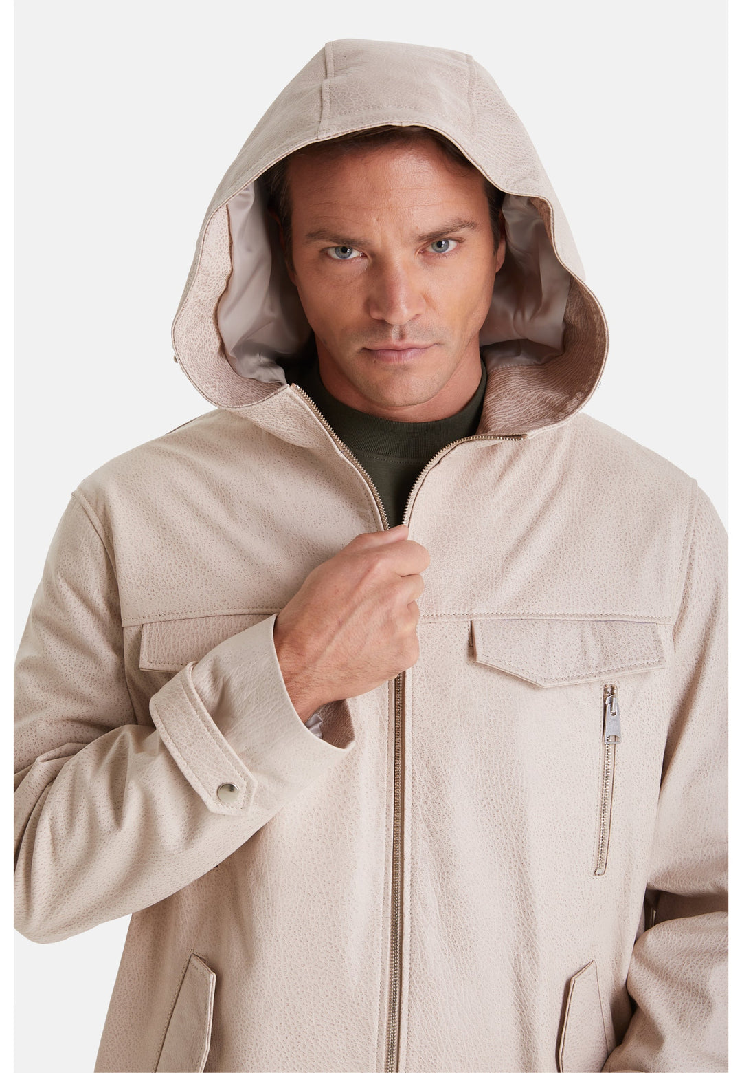 Beige hooded leather jacket on model
