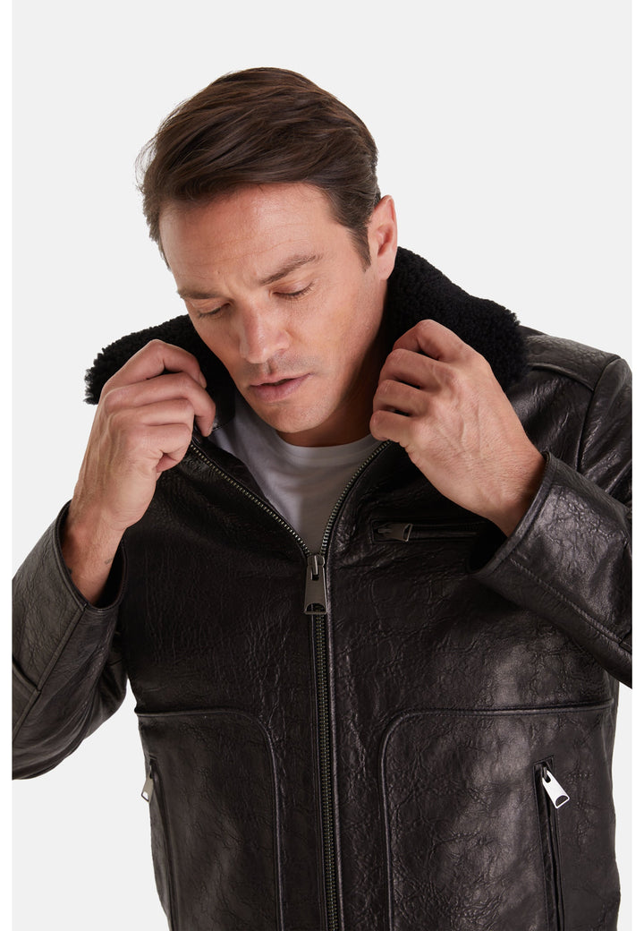Man wearing black leather jacket