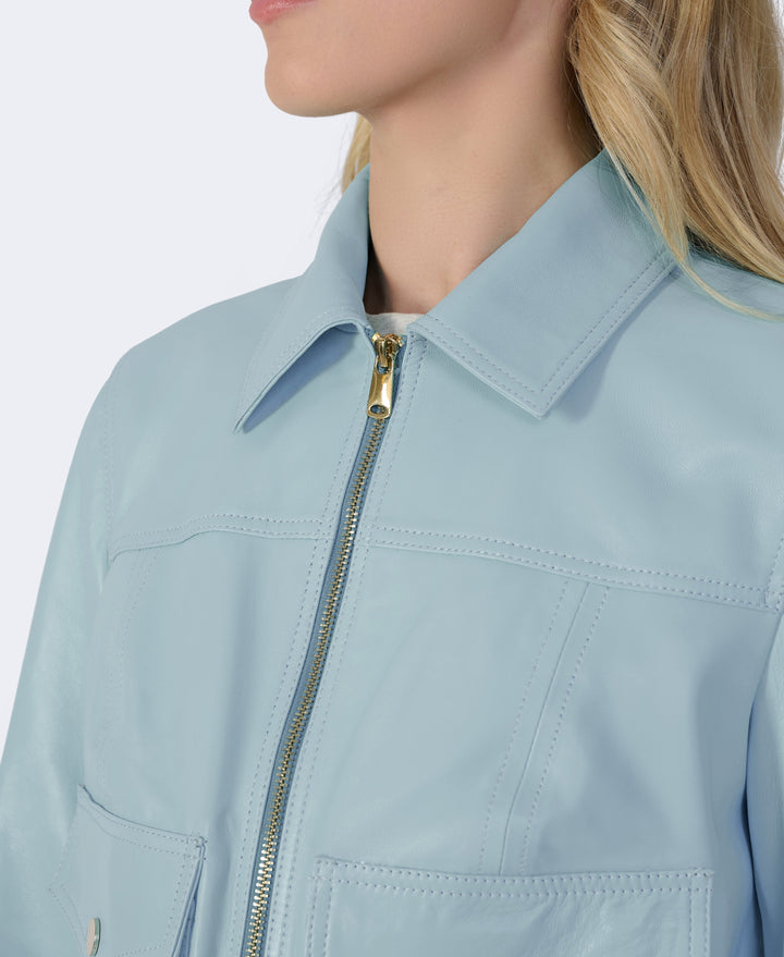 Light blue leather zip jacket close-up