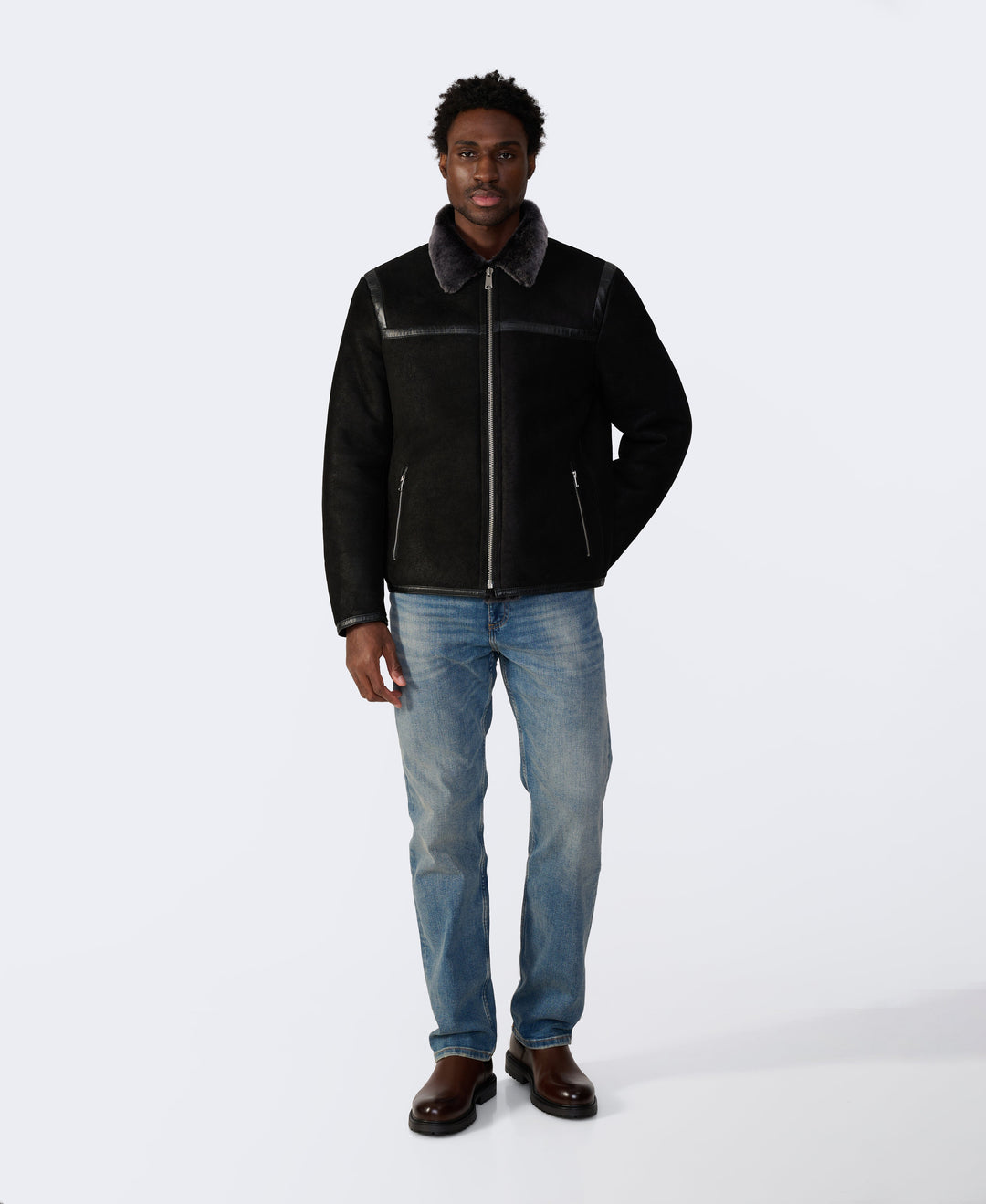 Man wearing black shearling jacket