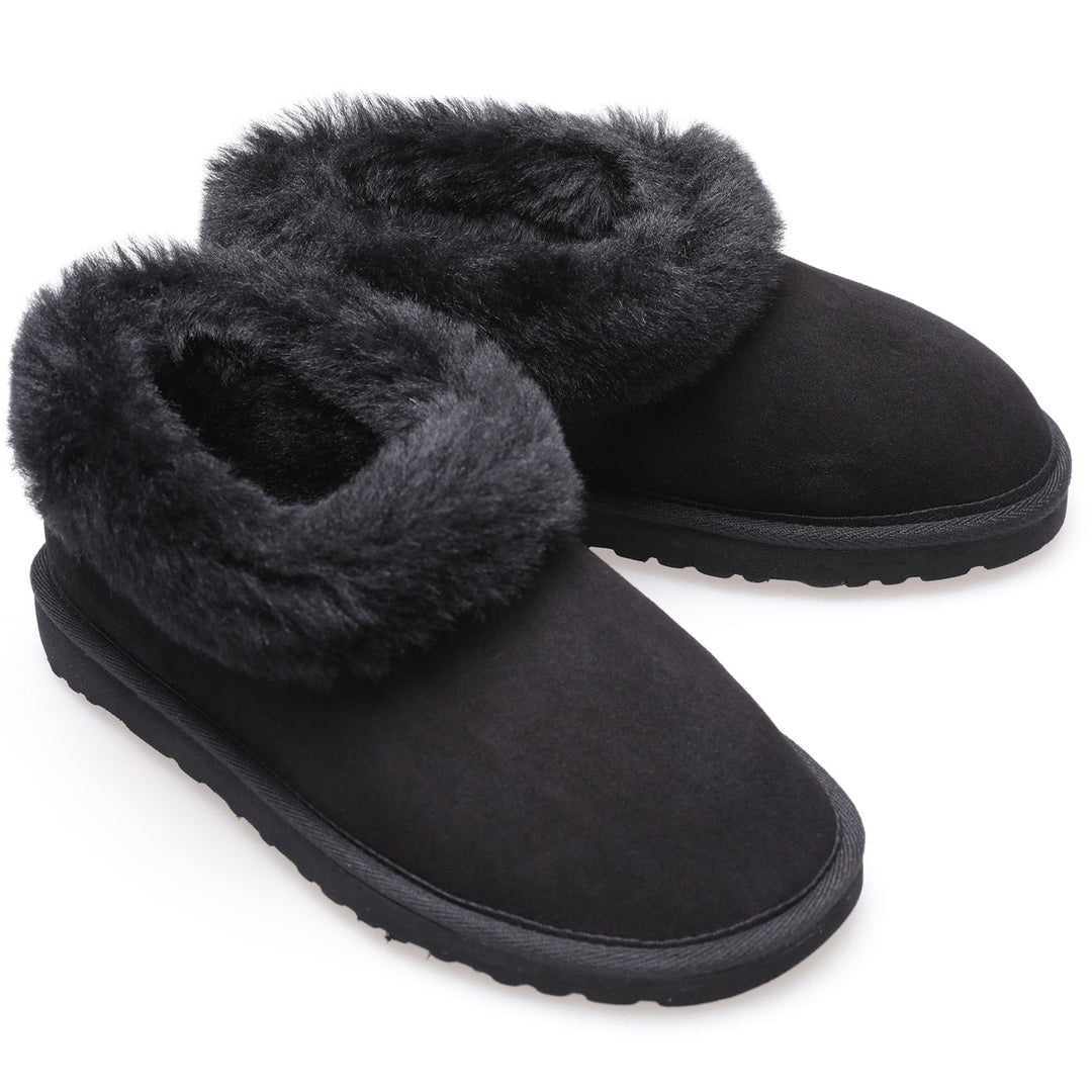 Women's black suede sheepskin slippers