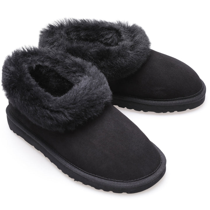 Women's black suede sheepskin slippers