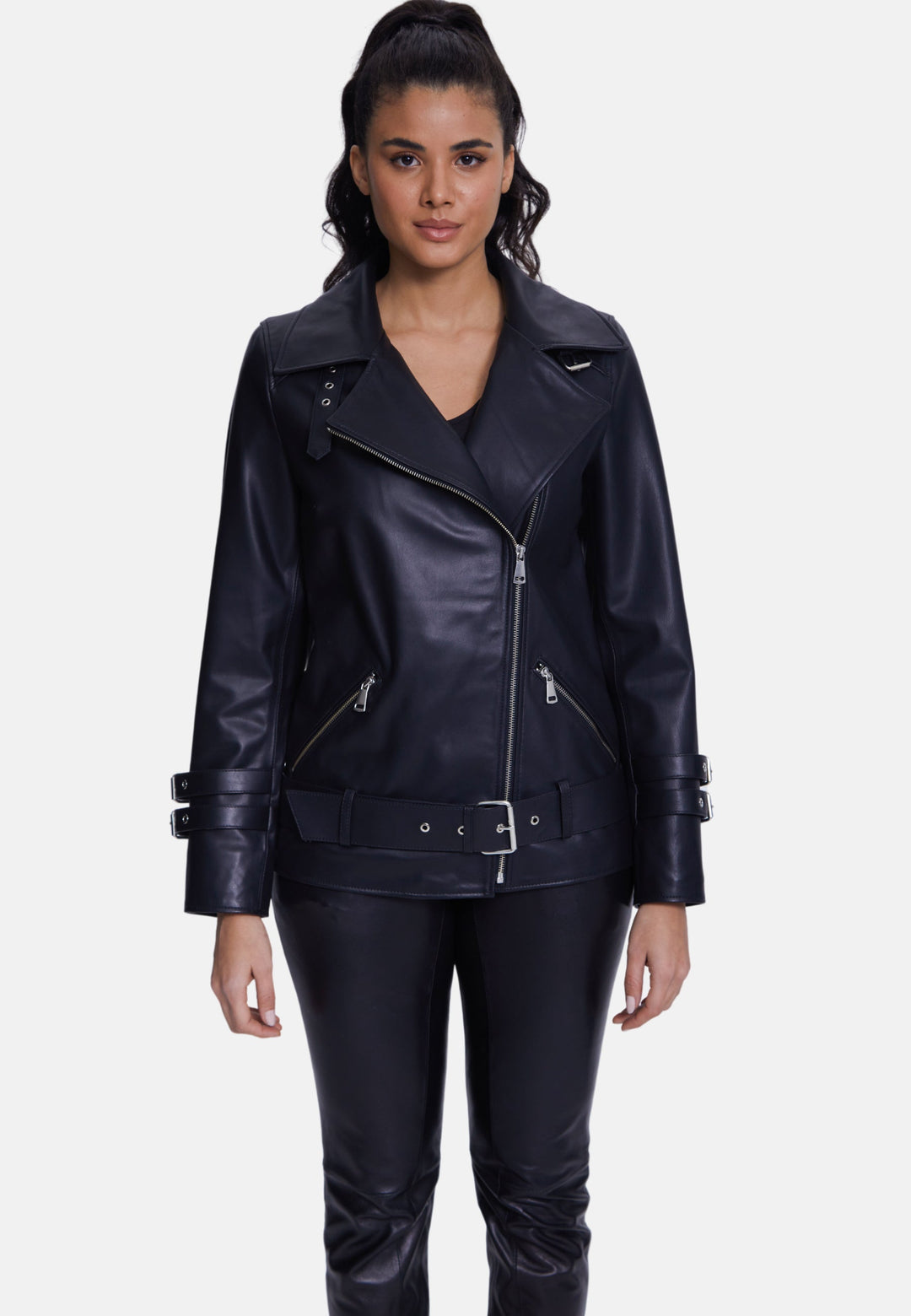 Woman wearing black leather biker jacket