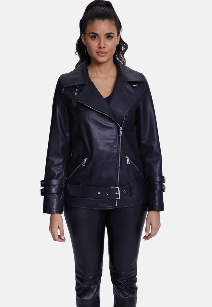 Woman wearing black leather biker jacket