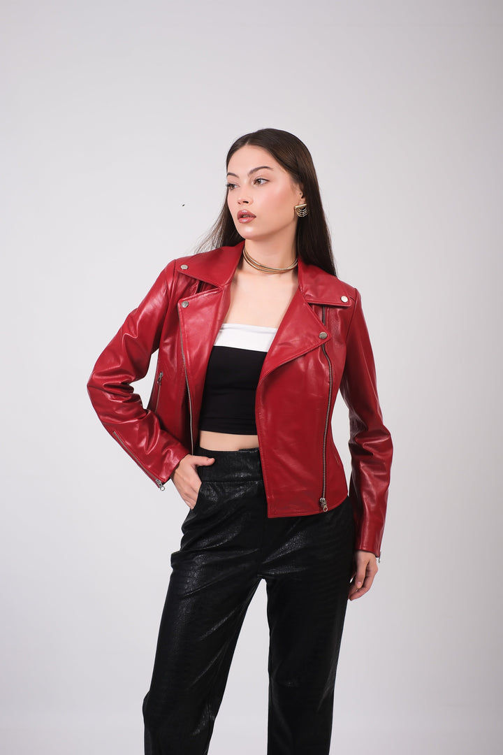 Woman wearing red leather moto jacket