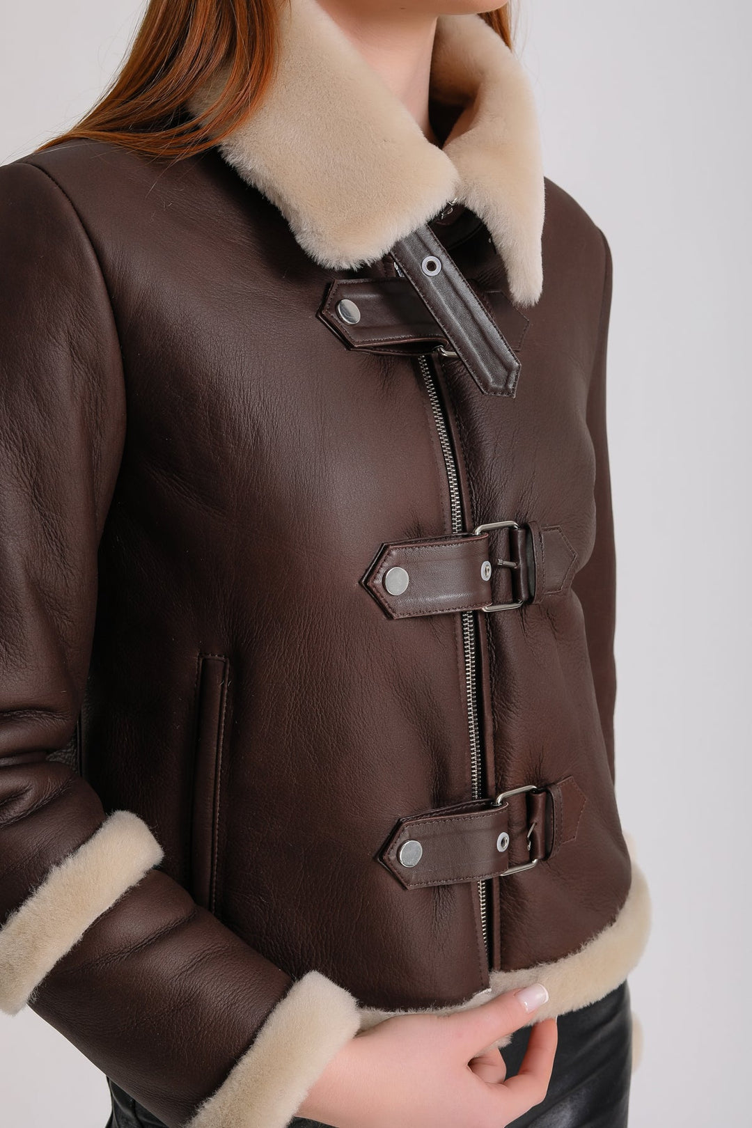 Brown shearling leather jacket with cream fur