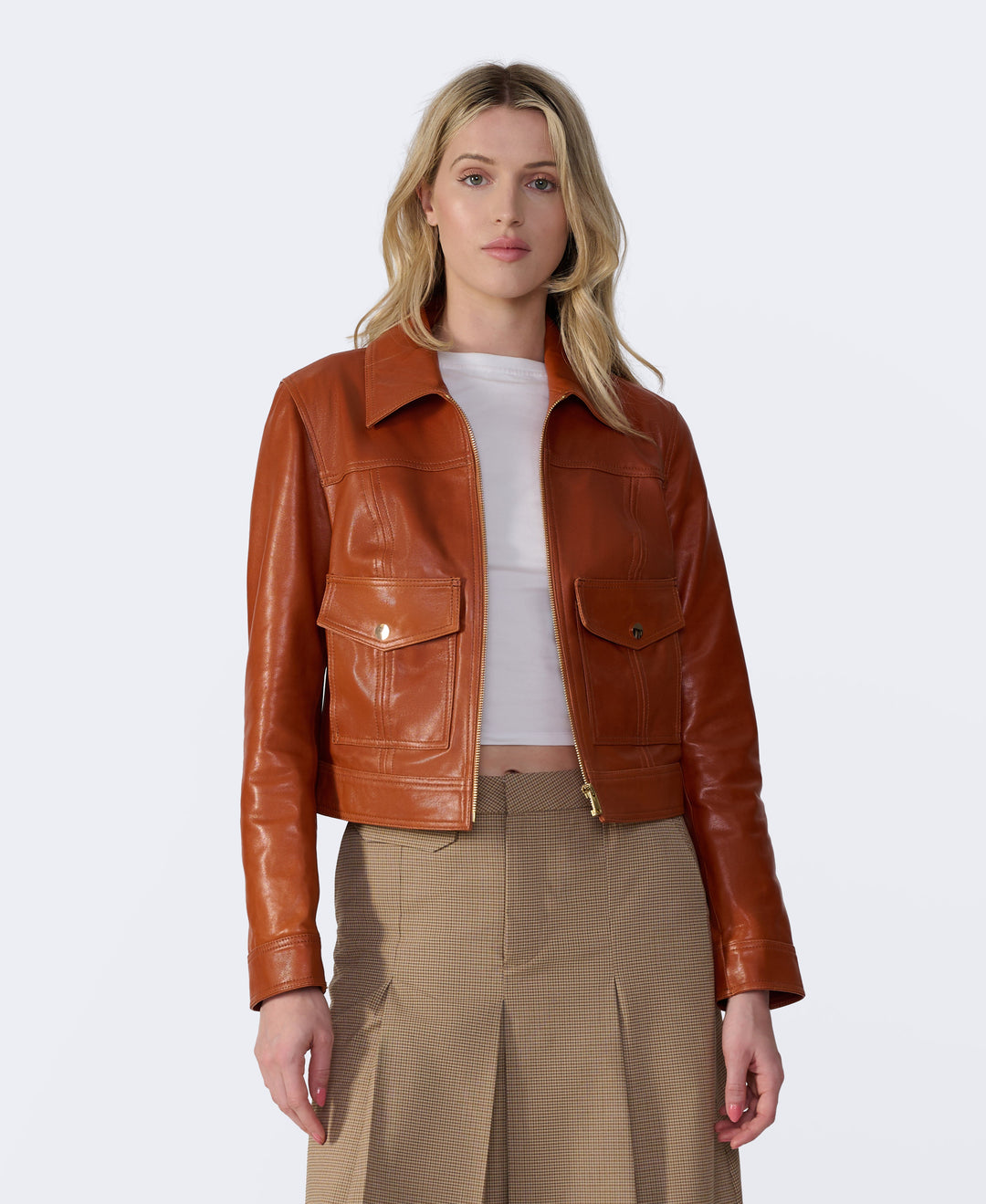 Cognac leather jacket on model