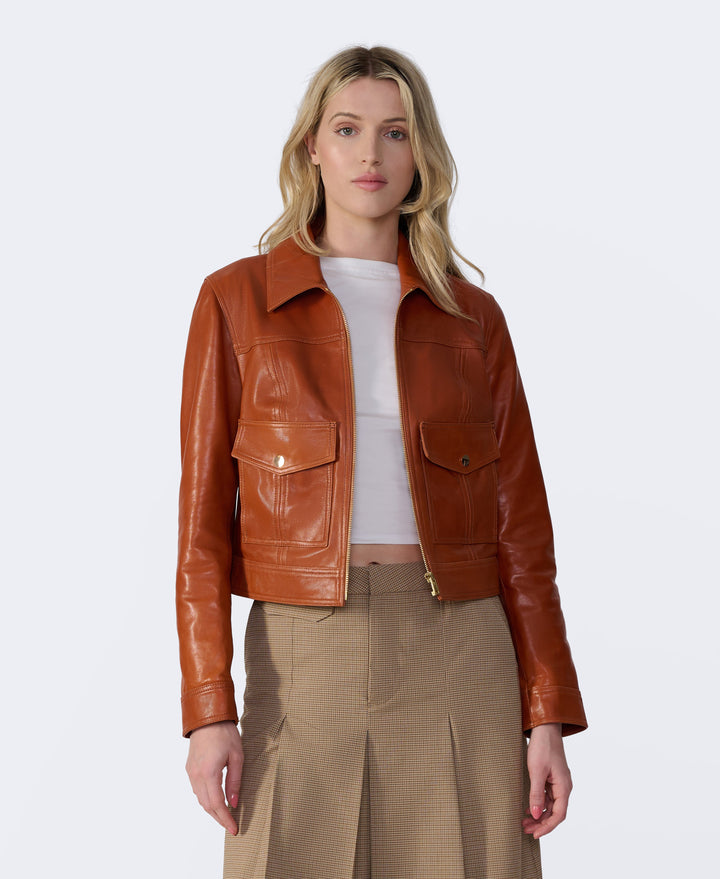 Cognac leather jacket on model