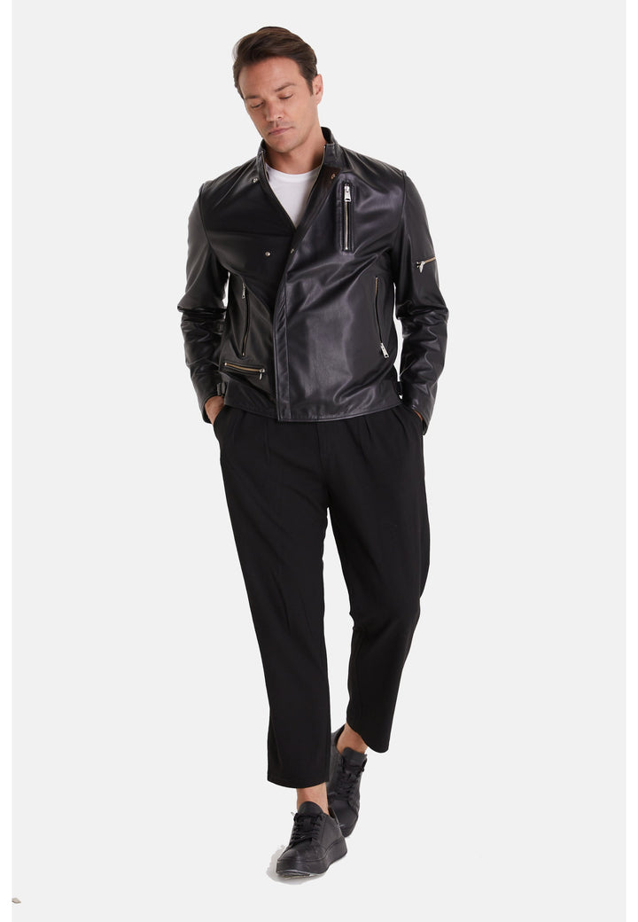 Male model wearing black leather jacket