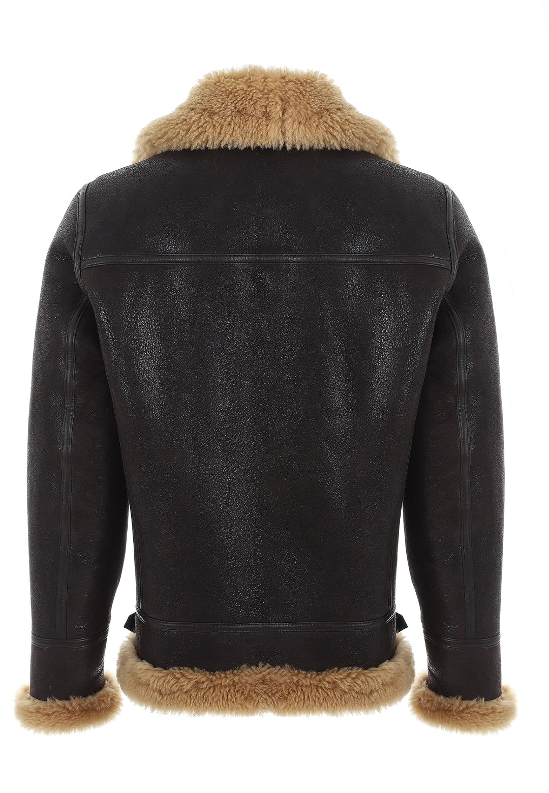 Back of dark shearling jacket