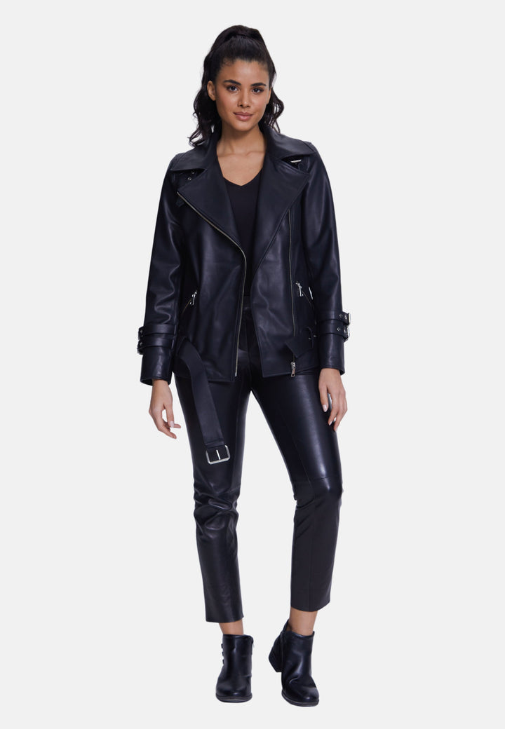 Woman in black leather biker jacket