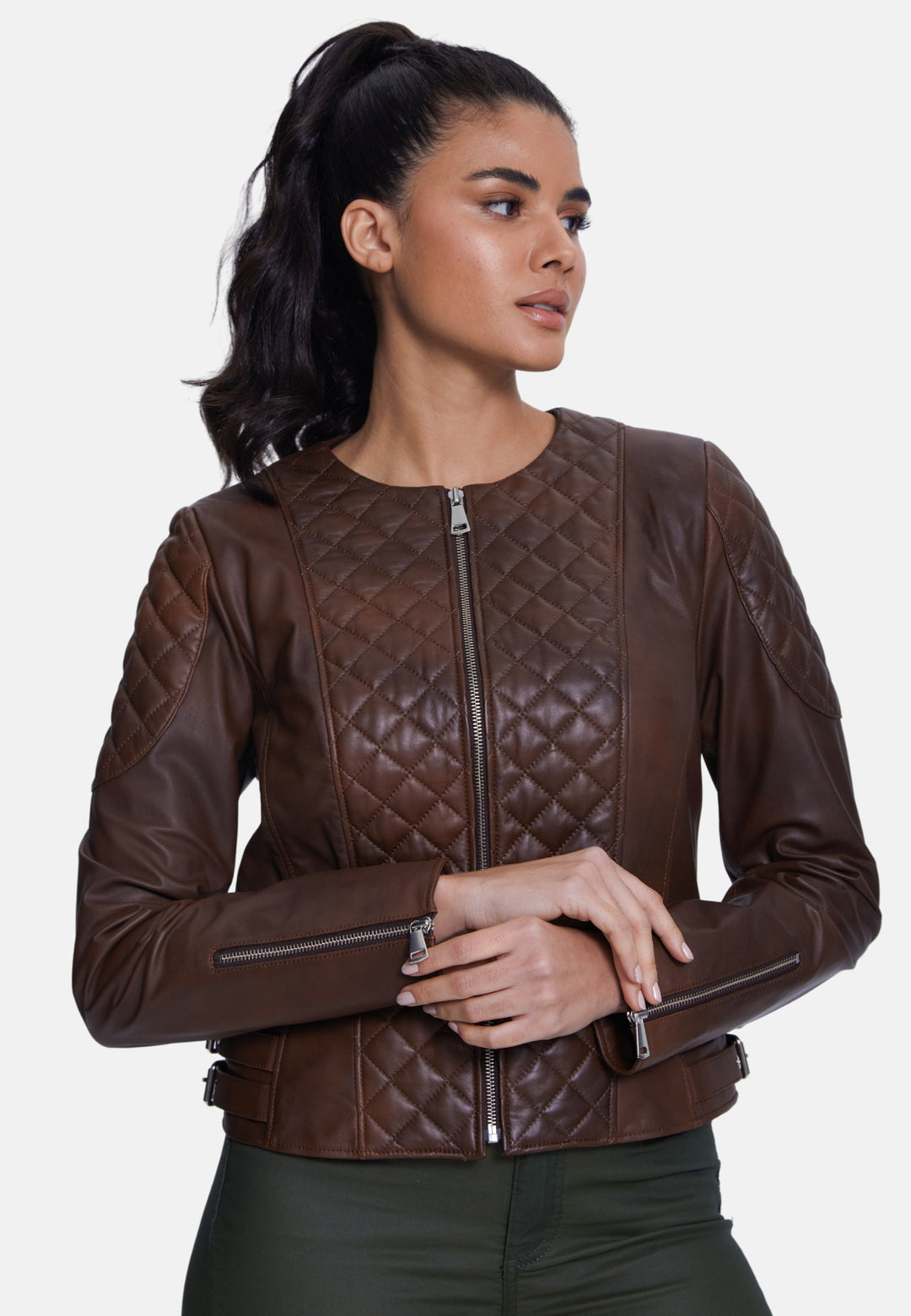 Woman wearing brown quilted leather jacket