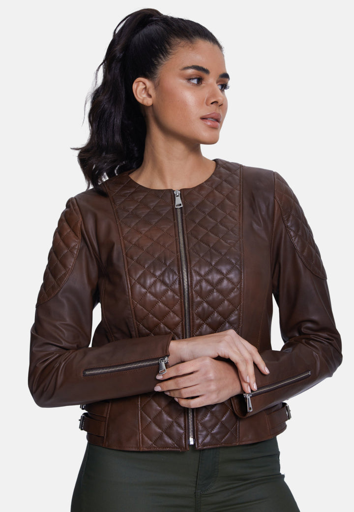 Woman wearing brown quilted leather jacket