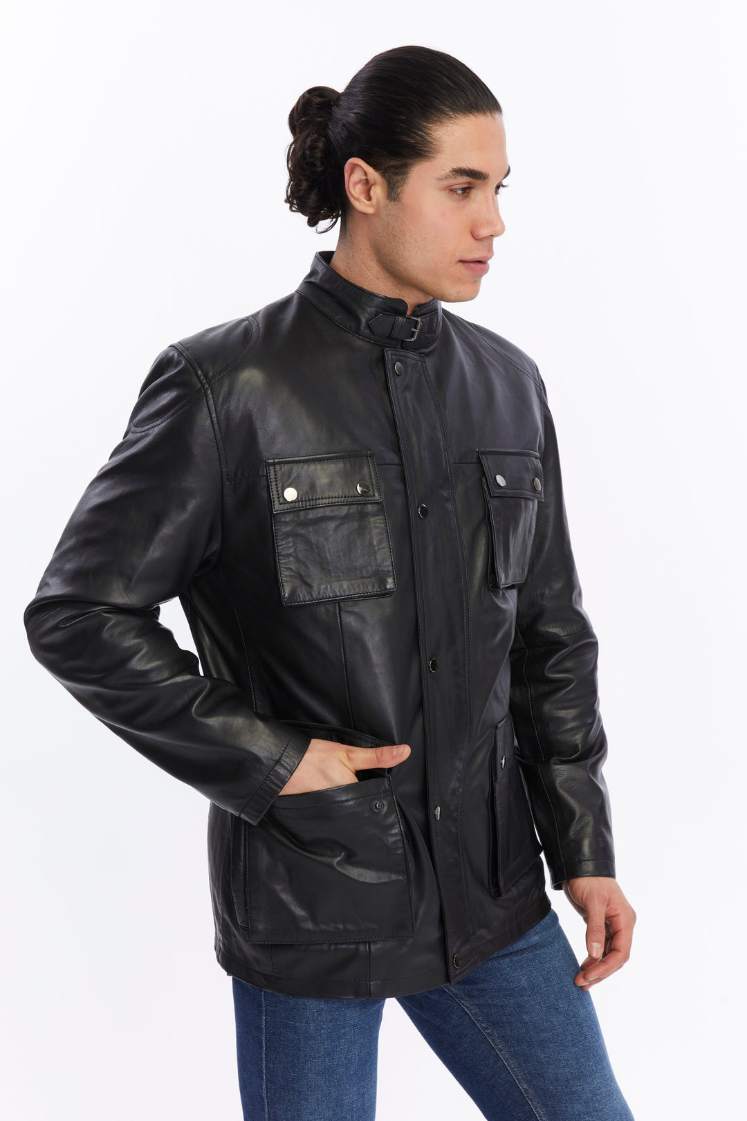 Man wearing black leather jacket with jeans