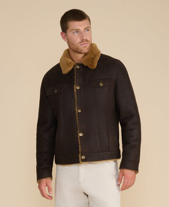 Brown shearling jacket with tan collar