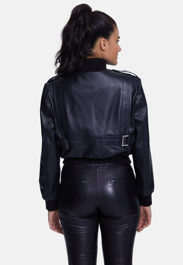 Woman wearing black leather bomber jacket