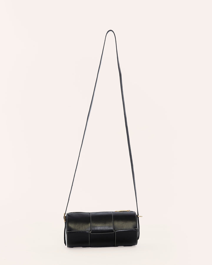 Black woven leather crossbody handbag