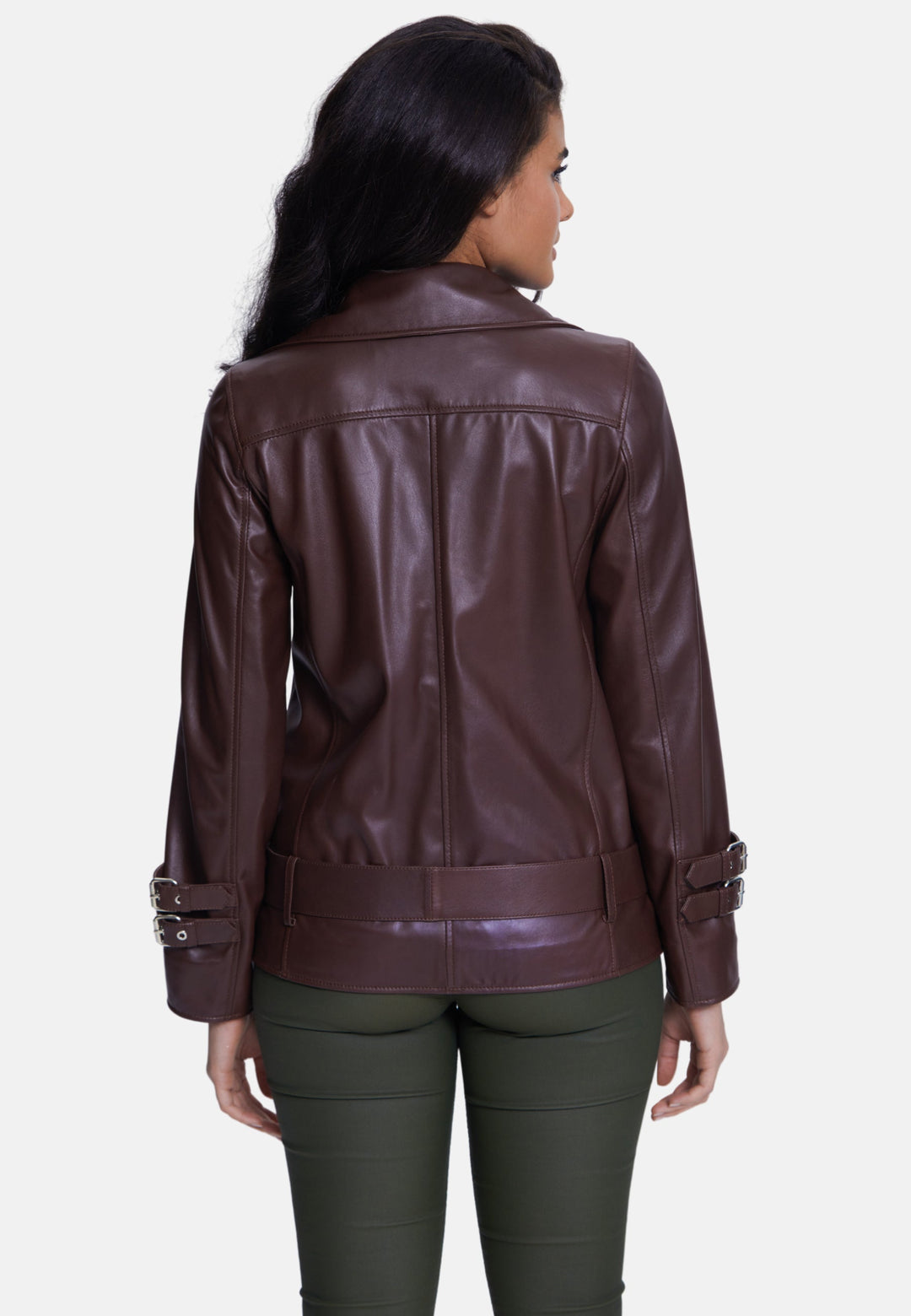 Back view brown leather jacket