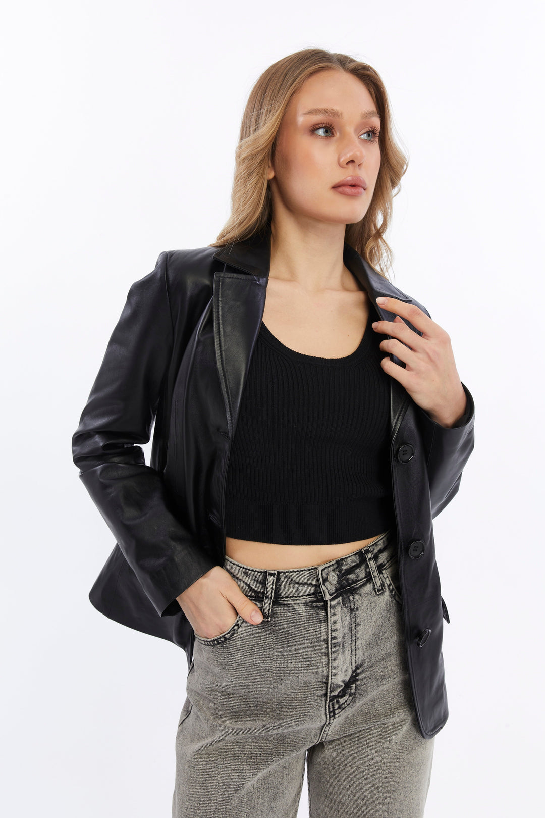 Woman wearing black leather jacket