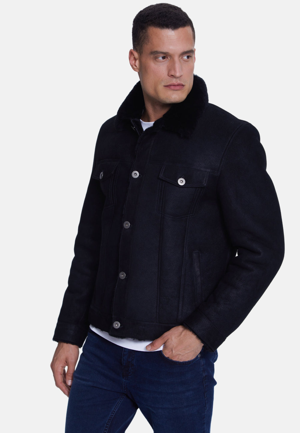 Man wearing black suede shearling jacket