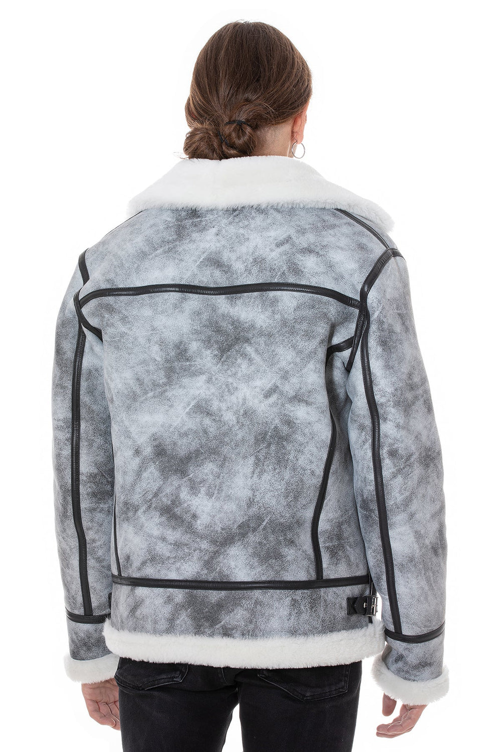Back view gray shearling jacket