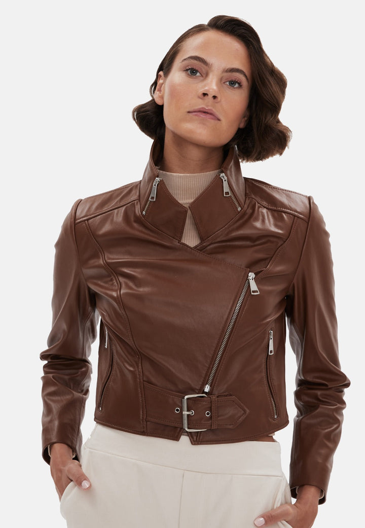 Brown leather biker jacket on model