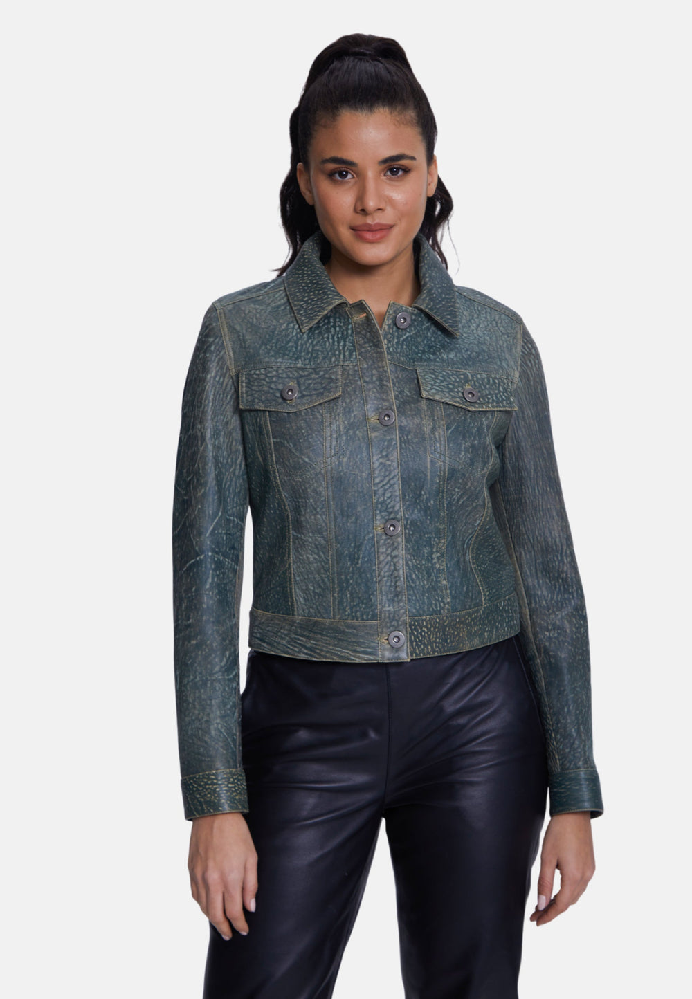 Woman wearing green leather jacket