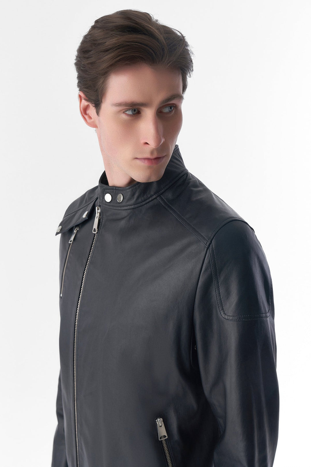 Man wearing black leather jacket