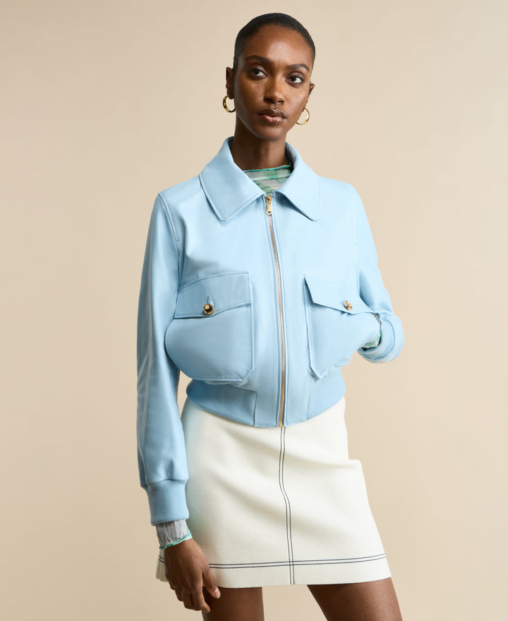 Light blue leather bomber jacket