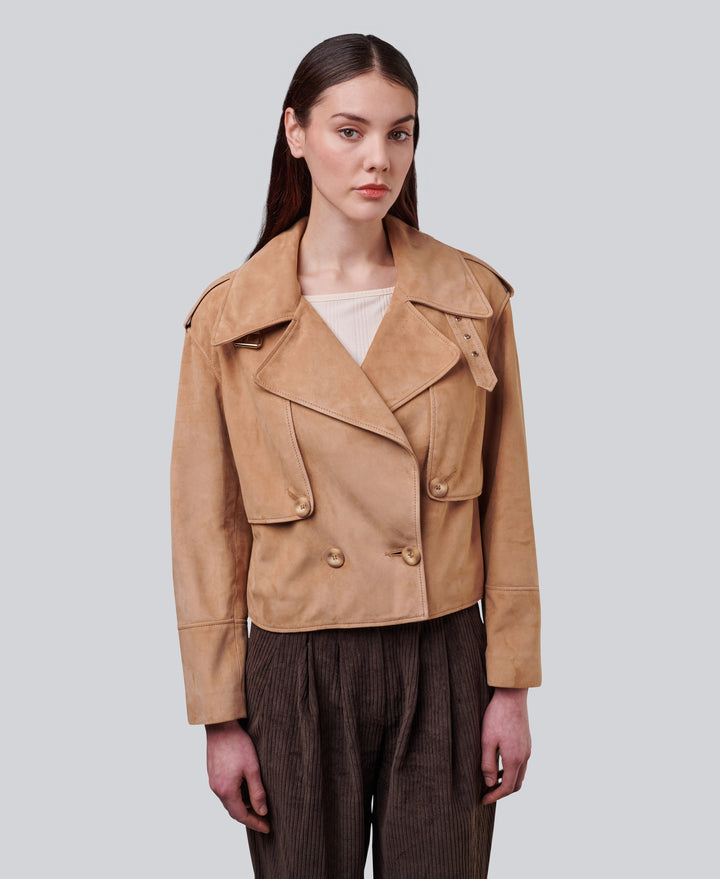 Tan suede cropped jacket on model