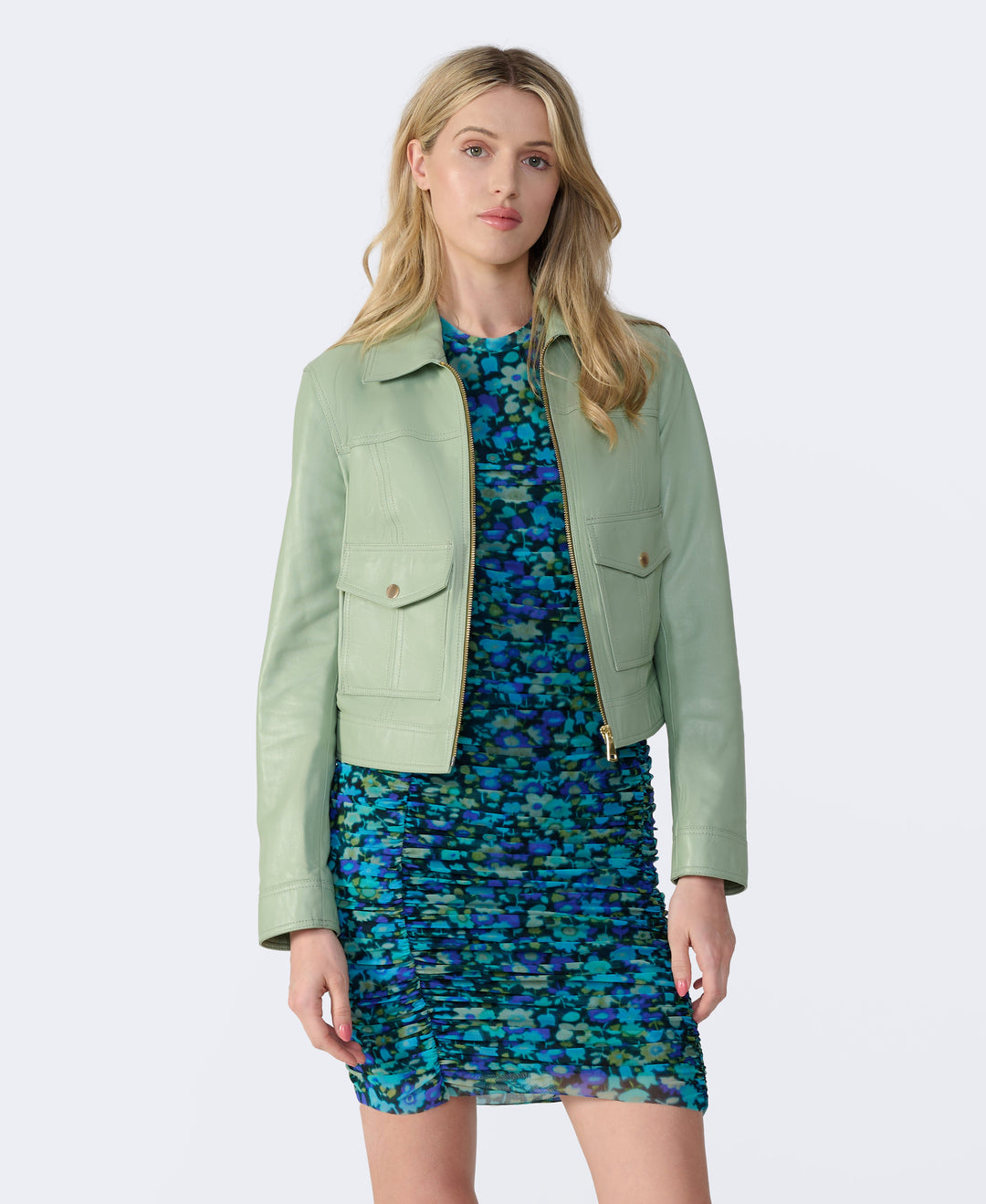 Mint green leather jacket on model