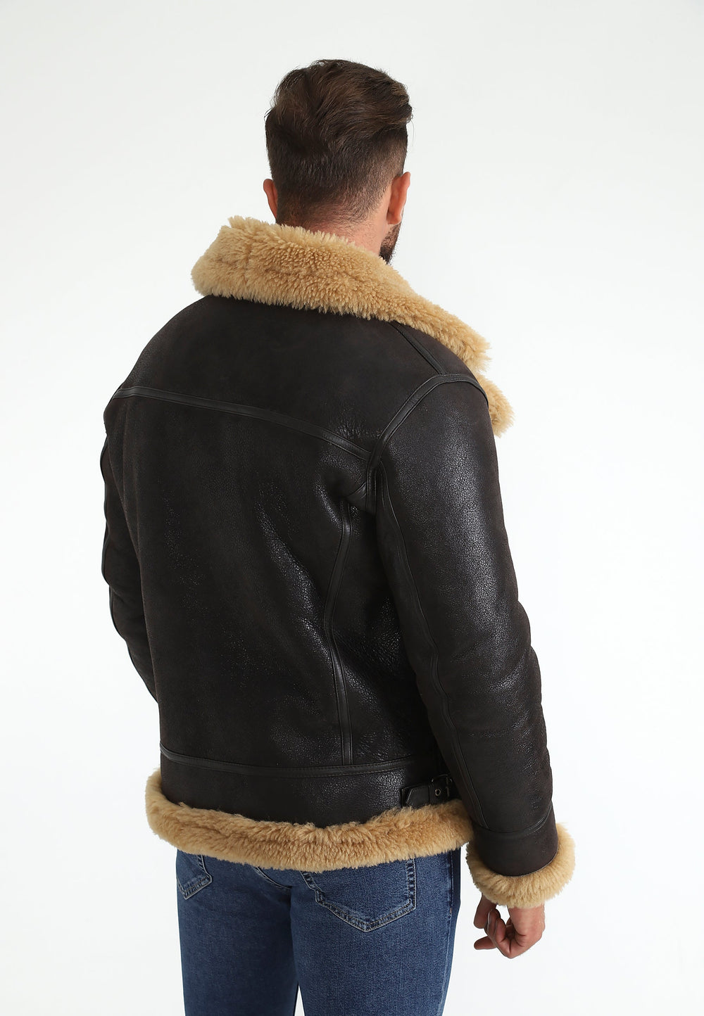 Dark brown sheepskin jacket back view
