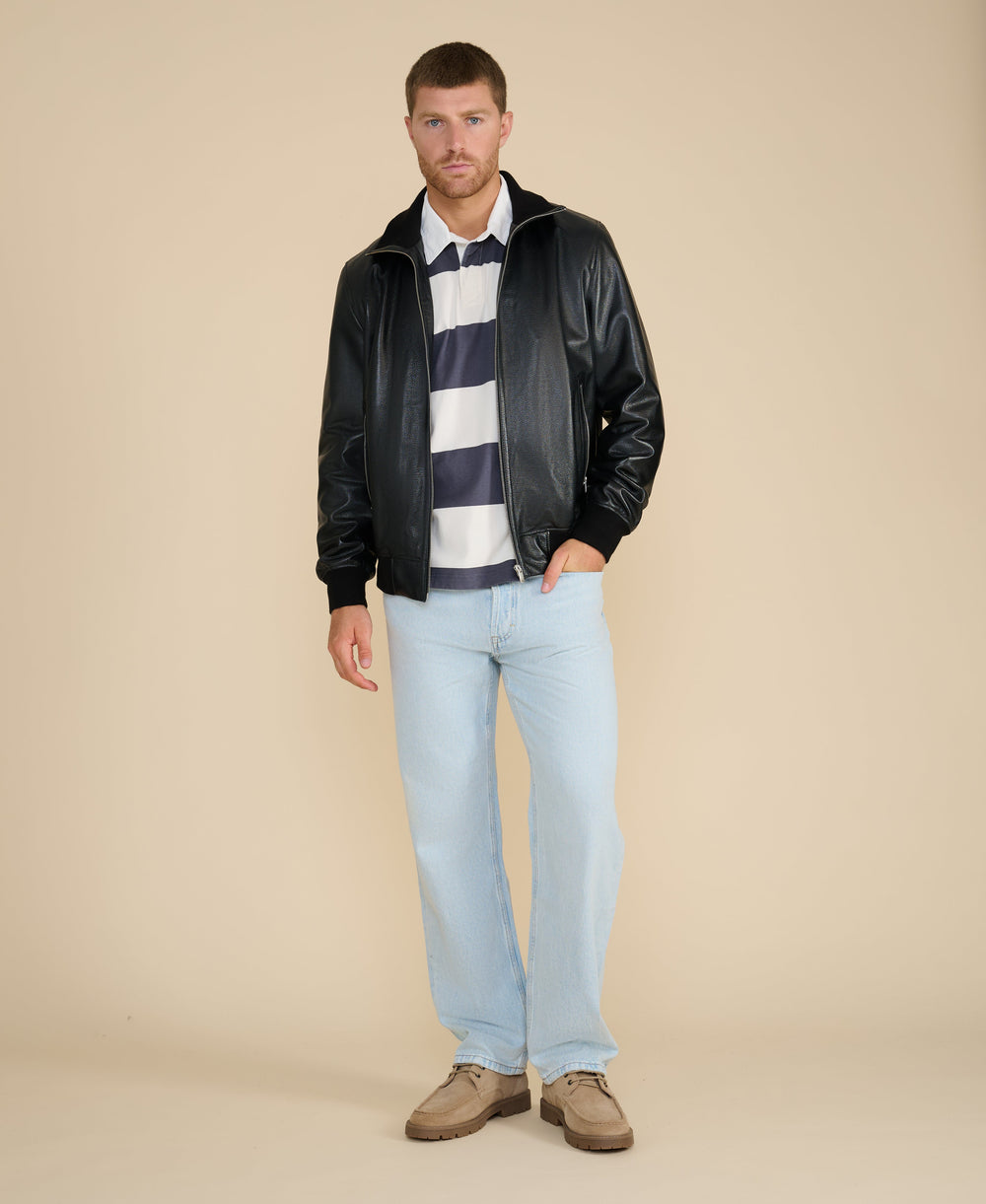 Male model in black leather jacket