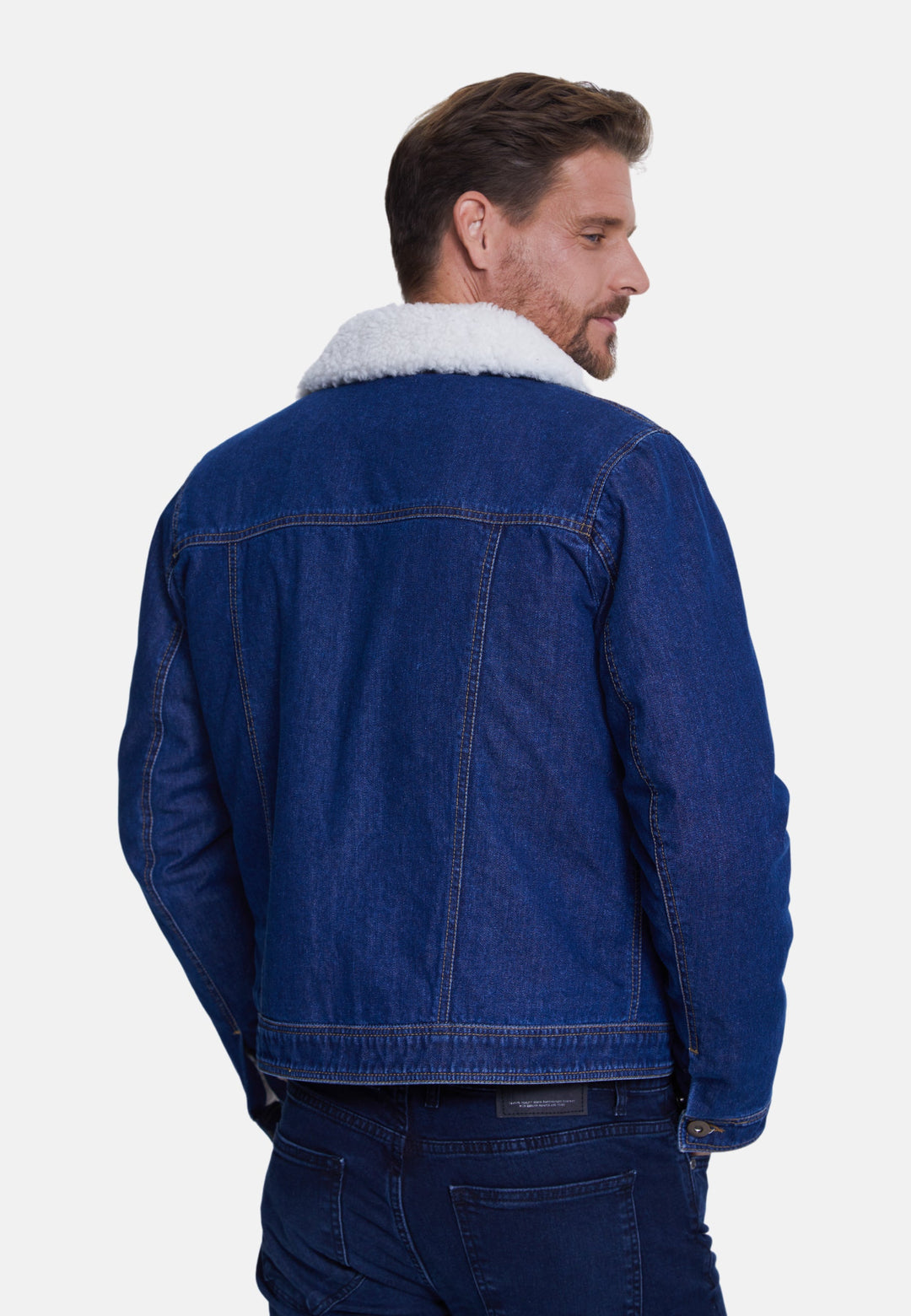 Man in blue jean jacket with sherpa collar