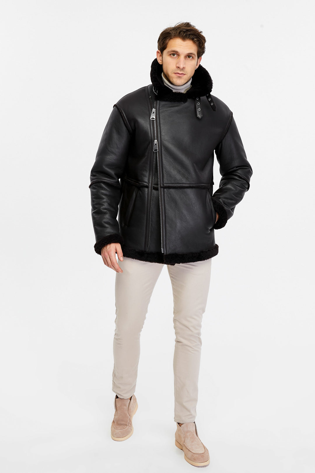 Man wearing black shearling coat